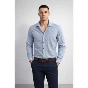 Sisley Mens Blue Floral Micro-Print Long Sleeve Button Up Shirt Regular Fit‎ S